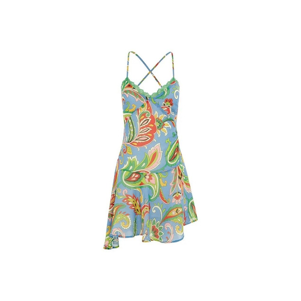 NWT Runaway The Label Surrey Colorful Mini Dress Lace Trim Tropical Asymmetrical